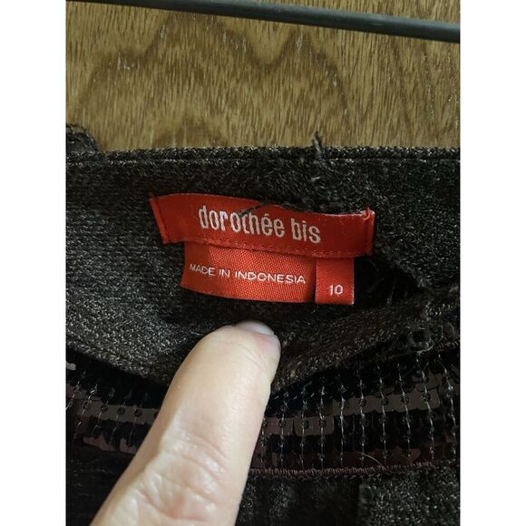 DOROTHEE BIS SKIRT BROWN W/SEQUIN BAND PLEATS DOWN W/TORN FRINGE SIZE 10 **READ - Picture 6 of 11